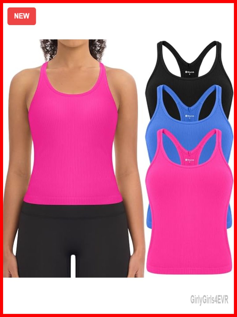 3 Pack Ribbed Seamless Crop Tank Tops With Built In Bra For Women